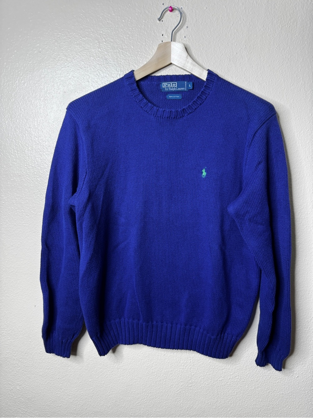 Polo Ralph Lauren Men’s 100% Cotton Crewneck Sweater Blue Size Large Green Pony